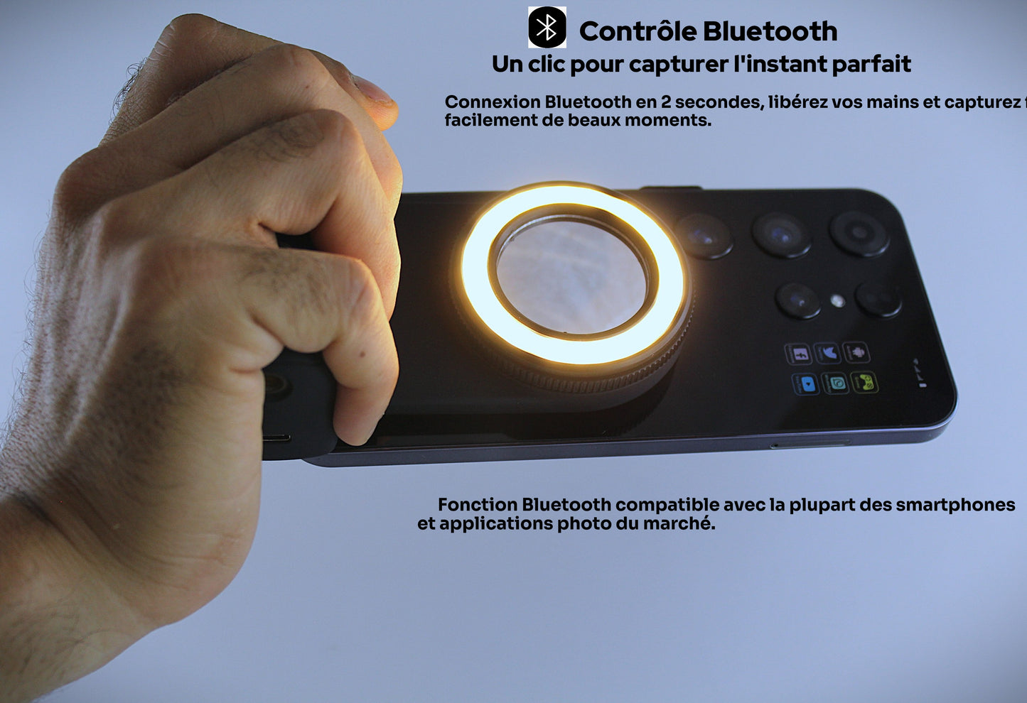 Support Téléphone Magnétique avec Anneau Lumineux LED & Déclencheur Bluetooth