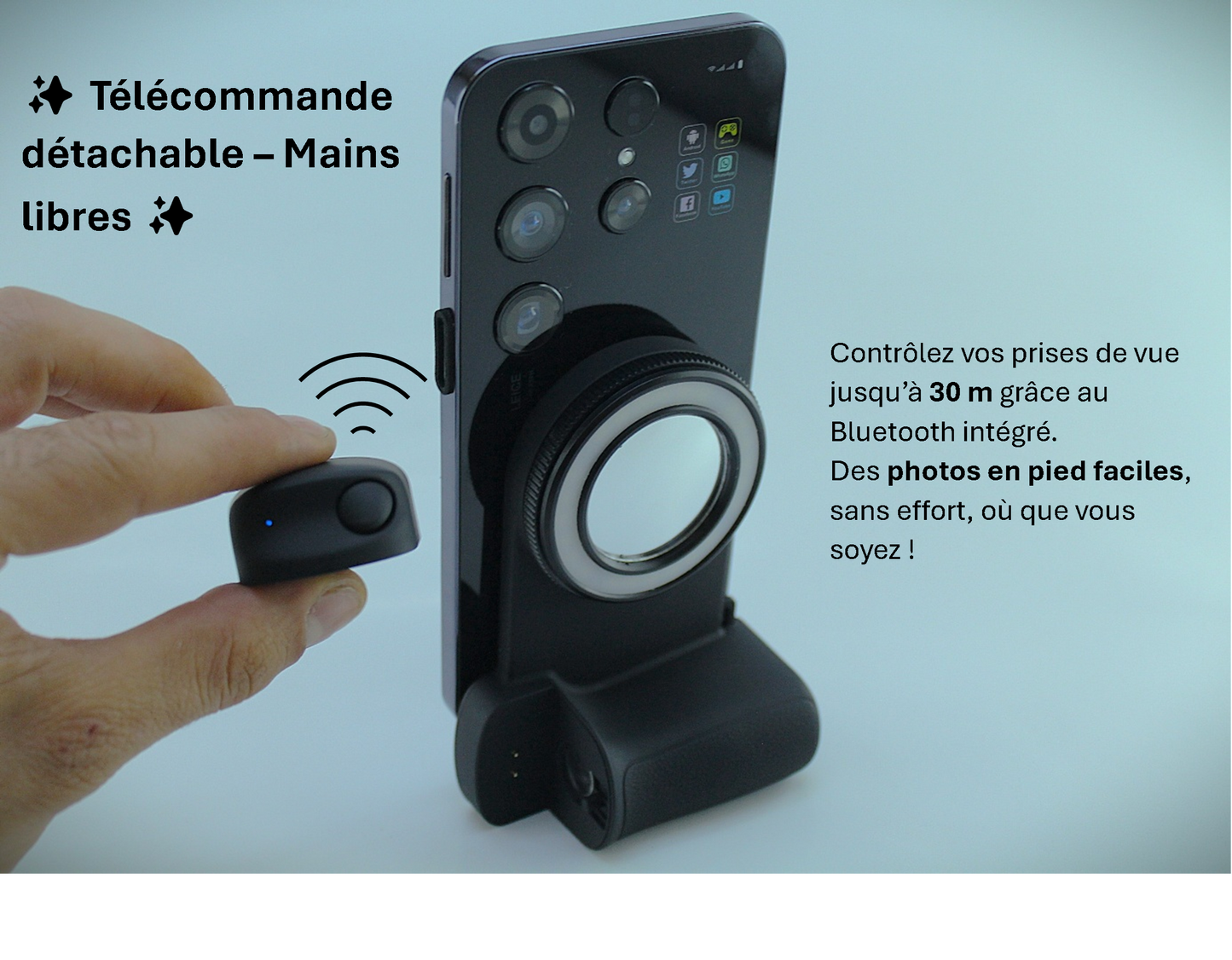 Support Téléphone Magnétique avec Anneau Lumineux LED & Déclencheur Bluetooth