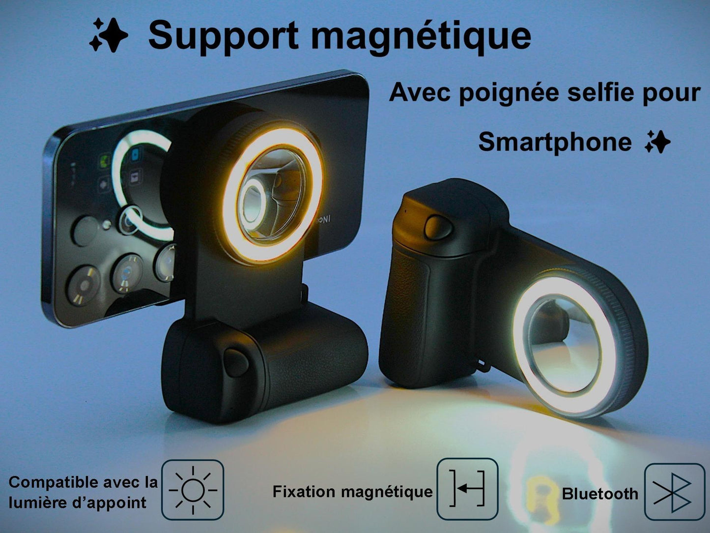Support Téléphone Magnétique avec Anneau Lumineux LED & Déclencheur Bluetooth